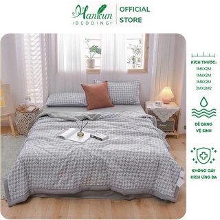 Bộ 4 món chăn ga gối drap trải giường Hankun cotton đũi nhập khẩu Hàn Quốc mền kẻ chần bông cao cấp