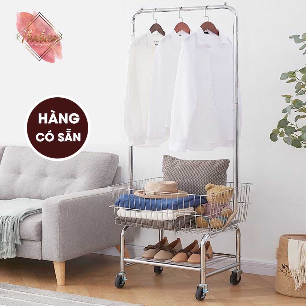 Giá treo quần áo kèm kệ để đồ, để giày dép khung kim loại chắc chắn có bánh xe xoay 360 độ - PB114