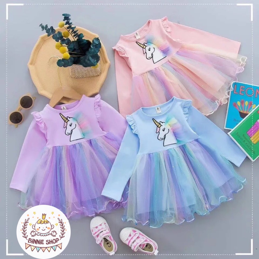 Váy công chúa phối ren cầu vồng - họa tiết Unicorn thêu nổi cực xinh cho bé gái size 73-110 (7~17kg)