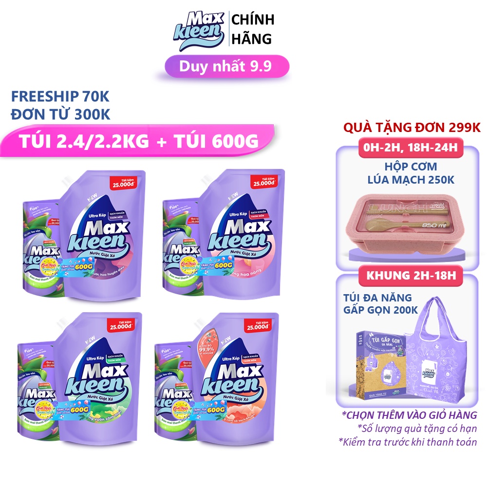 Combo Túi nước giặt xả MaxKleen 2.4kg/2.2kg + Túi nước lau sàn MaxKleen 600g