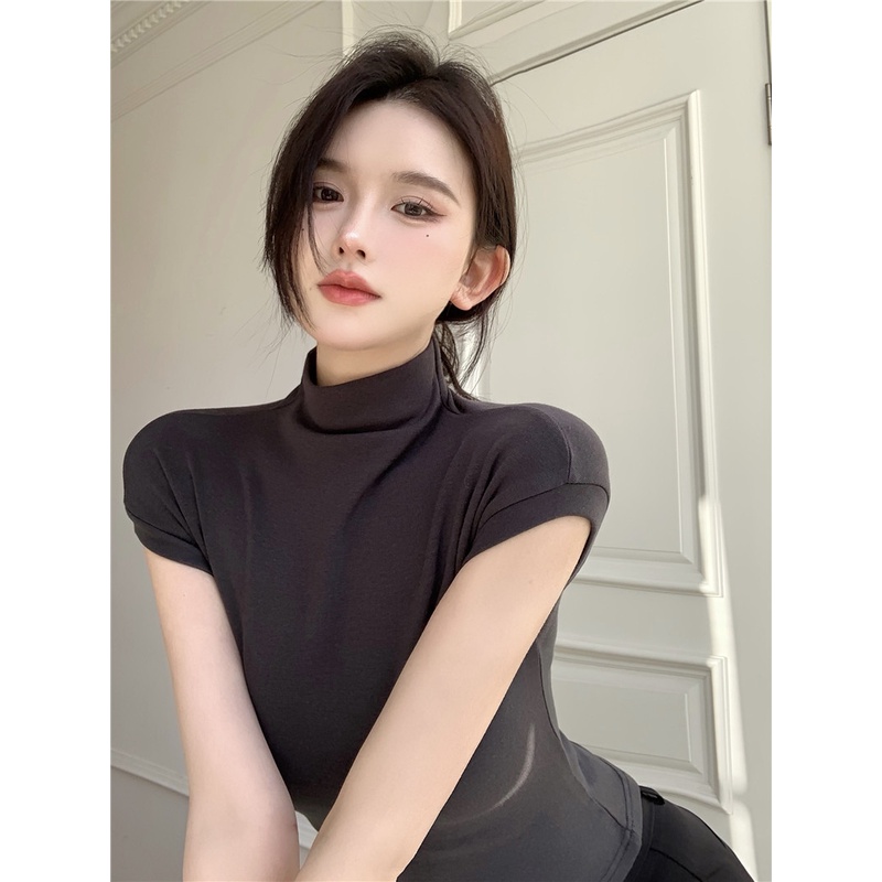 Áo thun body ngắn tay cổ cao trơn màu hè thu co dãn 4 chiều
