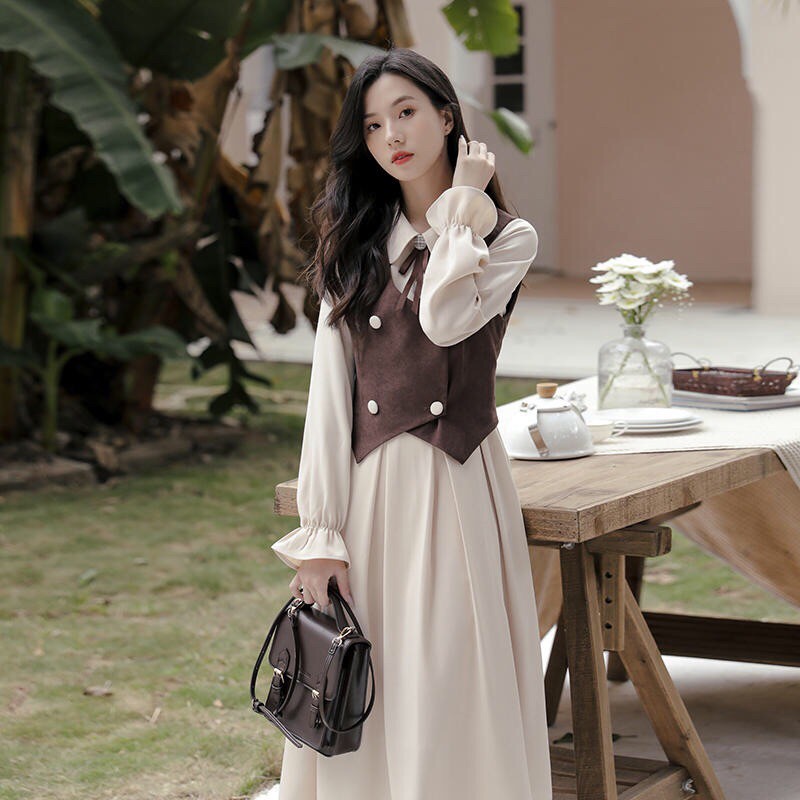 YAS0167-Set váy be liền thân midi + gile nâu