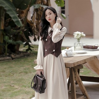Yas0167-set váy be liền thân midi + gile nâu