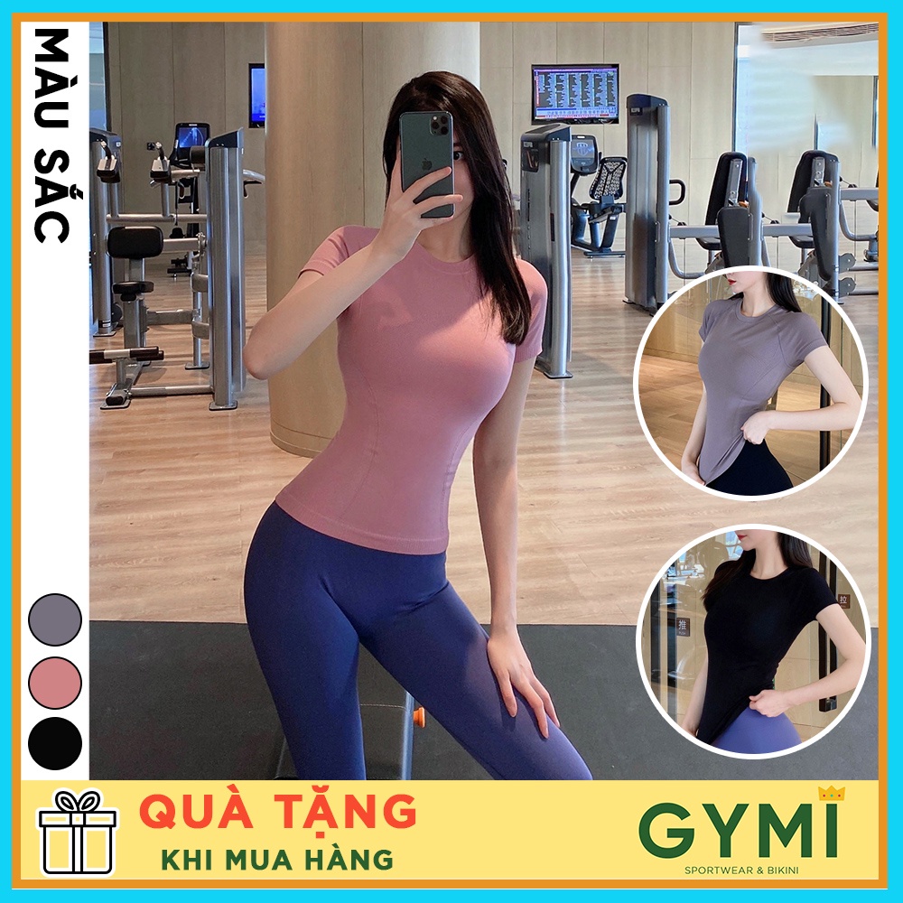 Áo tập gym yoga nữ GYMI AC26 dáng thun ngắn tay thể thao chất vải dệt cao cấp co giãn phom ôm body