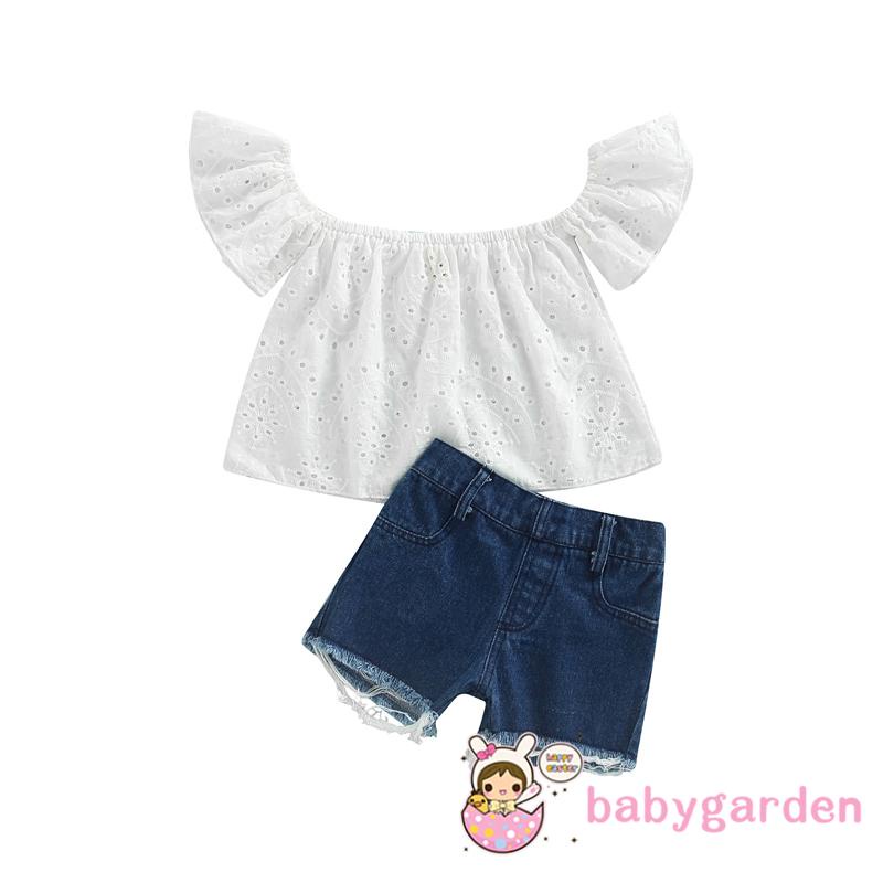 Bộ Áo Thun Trễ Vai Tay Ngắn + Quần Short Denim Thời Trang Mùa Hè Cho Bé Gái 6 Tháng Tuổi 4 Tuổi