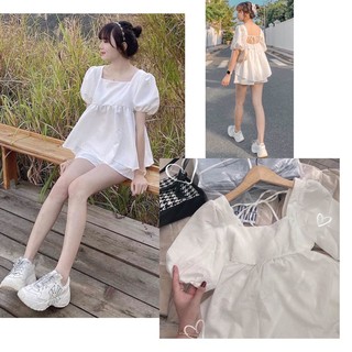 Set áo babydoll hở lưng quần trắng