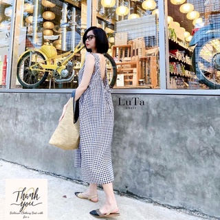 Váy maxi kẻ rút dây hở lưng
