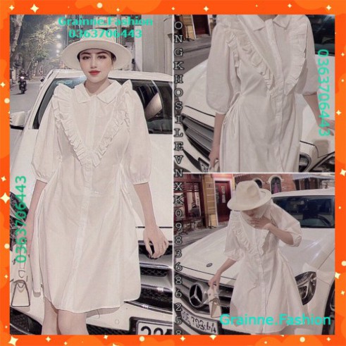 Váy Tay Lỡ Suông Cổ V Phối Viền Bèo Dáng Sơ Mi Trắng Style Retro sang trọng - Đầm Somi Trắng 💎👗👑-GNFShop