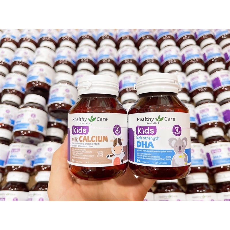Combo Canxi Milk Calcium sữa + DHA kids Healthy care 60v, bổ sung canxi và DHA cho bé cao lớn, thông mình