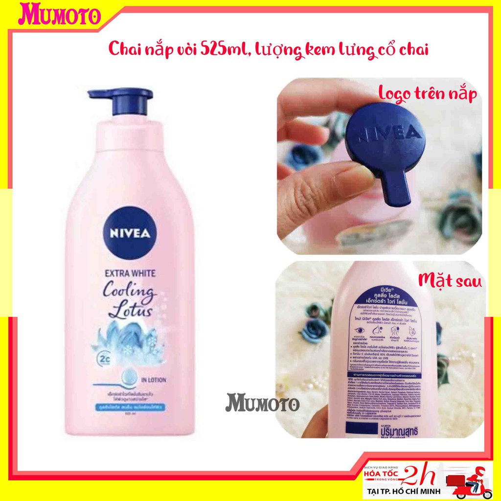 Sữa Dưỡng thể Nivea Extra White Lotion Cooling Lotus 525ml chống nắng dưỡng ẩm trắng da và mát da - Thái Lan