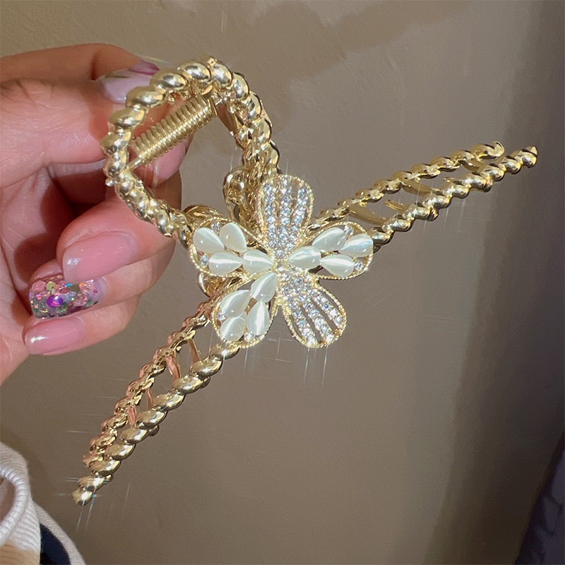 Kẹp tóc hoa retro kim loại tinh tế đính đá hoa và ngọc, kẹp tóc sau đầu cho nữ phong cách Hàn Quốc