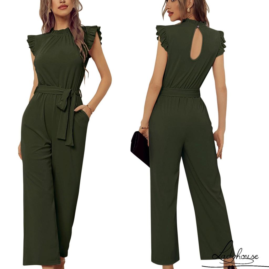 LDD-Female Jumpsuit, Solid Color Crew Neck Sleeveless Ruffle Belted Romper with Pockets for Summer, S/M/L/XL