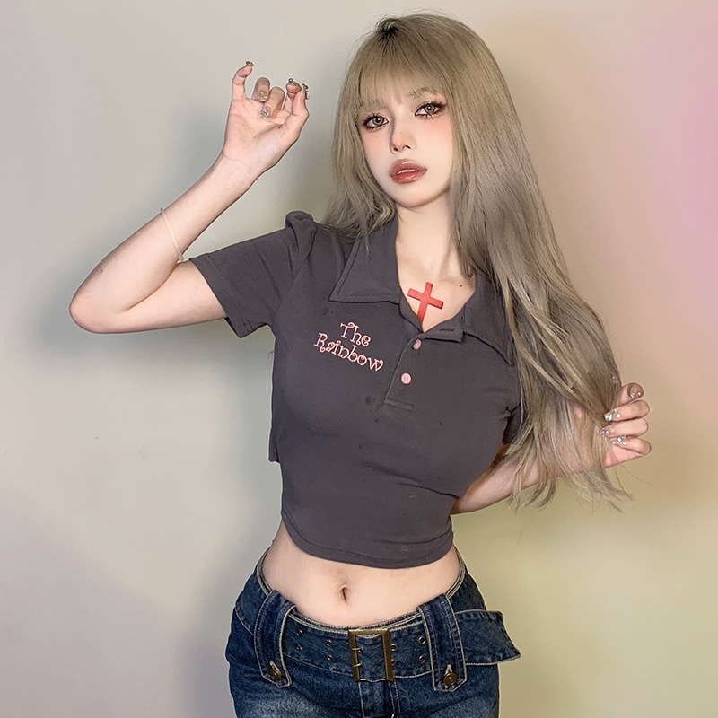 Áo Thun Tay Ngắn Cổ Polo Thêu Chữ Phối Dây Ruy Băng Thắt Nơ Thời Trang Cho Nữ