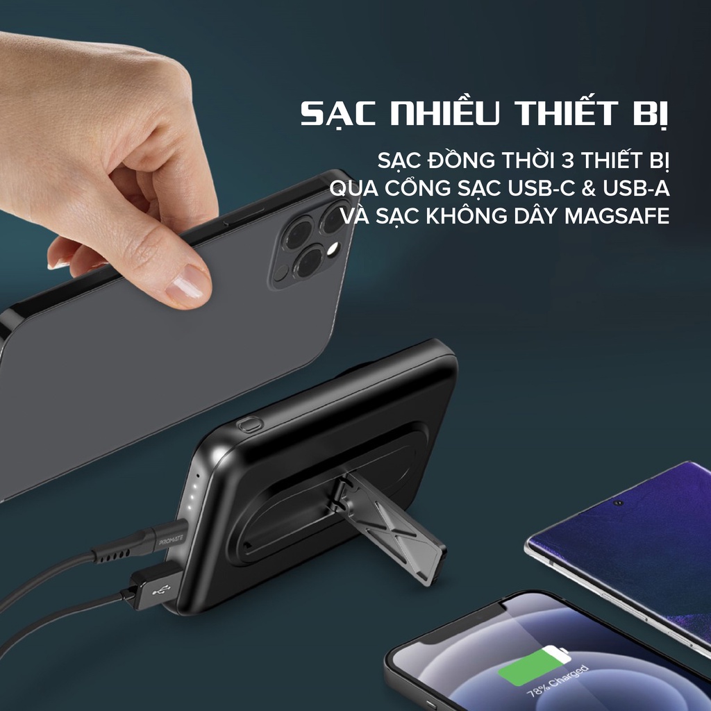 Sạc Dự Phòng Không Dây 10000mAh PROMATE Power Mag PD 20W - QC 3.0 Đầu Ra 2 Cổng USB-C & USB-A Cho iP/ Android