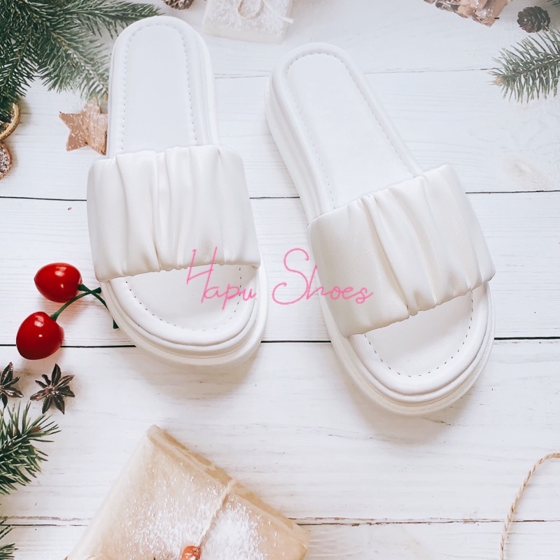 Dép nữ quai ngang da nhăn đế bánh mì siêu nhẹ cao 3cm, Dép thời trang nữ tiểu thư mới