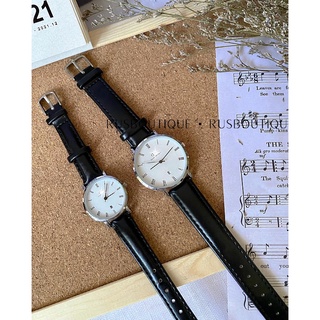 Đồng Hồ Cặp PW Dây Da Đen Không Lịch Mặt Tròn Thời Trang