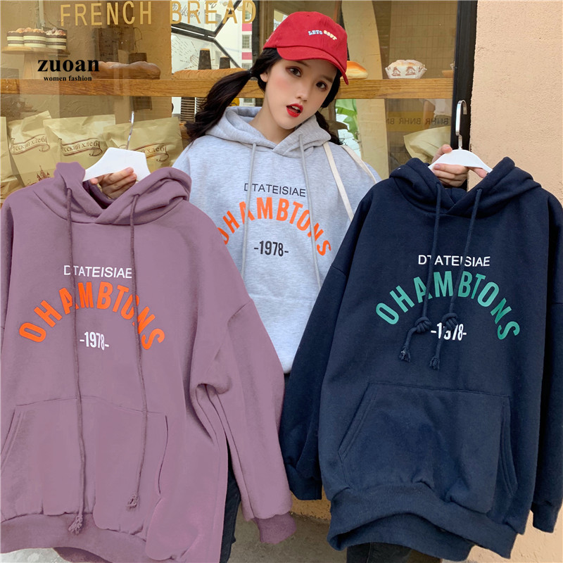 SUXI Áo Hoodie Nữ Tay Dài Dáng Rộng In Chữ Phong Cách Hàn Quốc