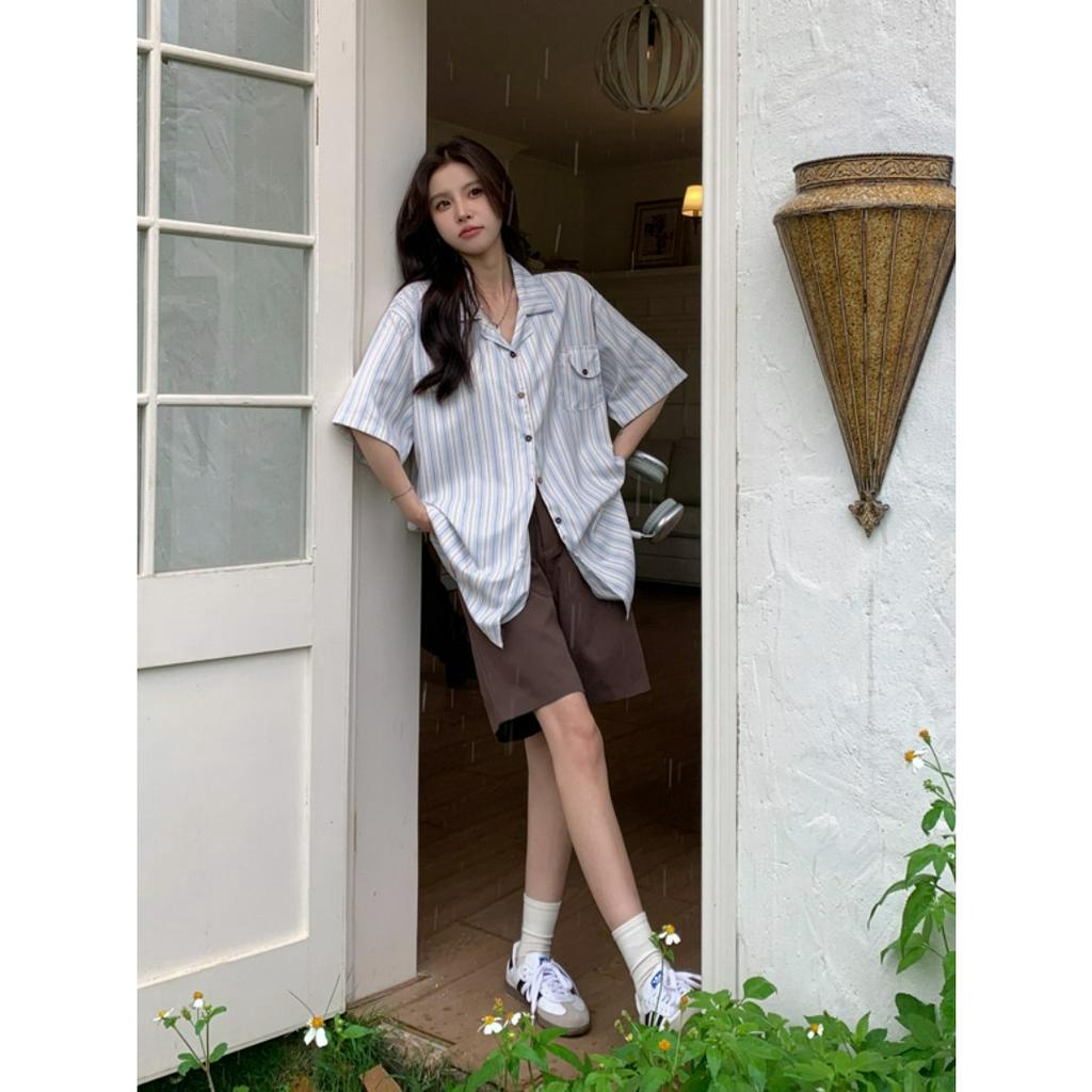 「 WELOVE1 」Áo Sơ Mi Tay Ngắn Dáng Rộng Họa Tiết Kẻ Sọc Màu Xanh Dương Phong Cách Pháp Thời Trang Mùa Hè Cho Nữ