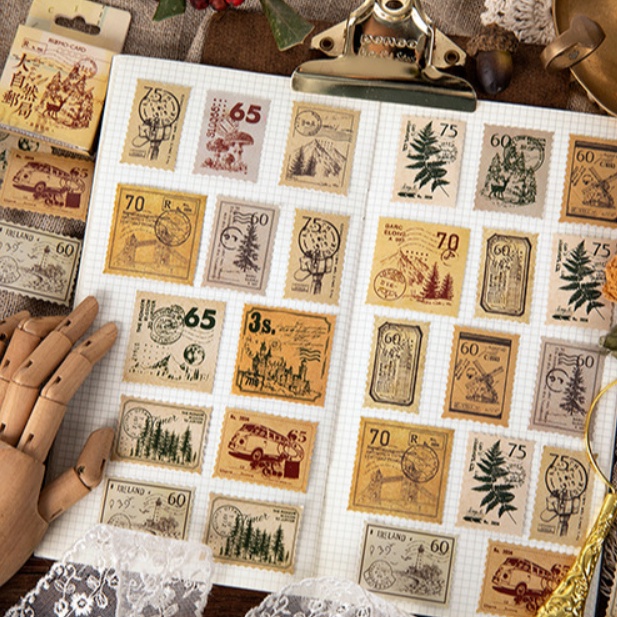 Hộp 45 miếng sticker mẫu tem hình cây thông và thực vật trong rừng