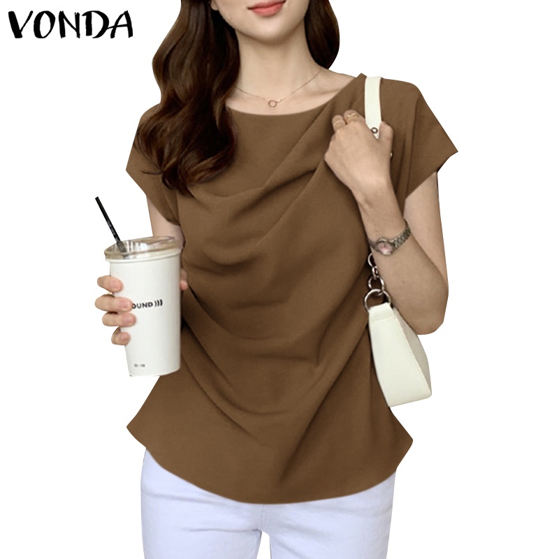Áo thun VONDA tay ngắn cổ tròn màu trơn phong cách Hàn Quốc thời trang cho nữ