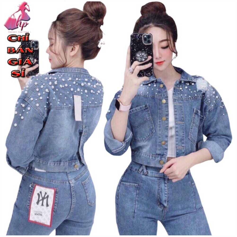 áo khoác jeans nữ lửng đính ngọc cao cấp dáng ngắn tay dài phong cách hàn quốc kiểu mới đẹp thời trang 2021 bán giá sỉ [