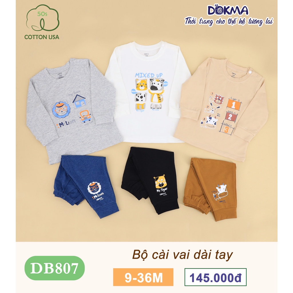 [FREESHIP] Bộ bé trai dài tay 9-36 tháng tuổi cotton cài vai in hoạt hình động vật ngộ nghĩnh hãng Dokma DB807- Voikids