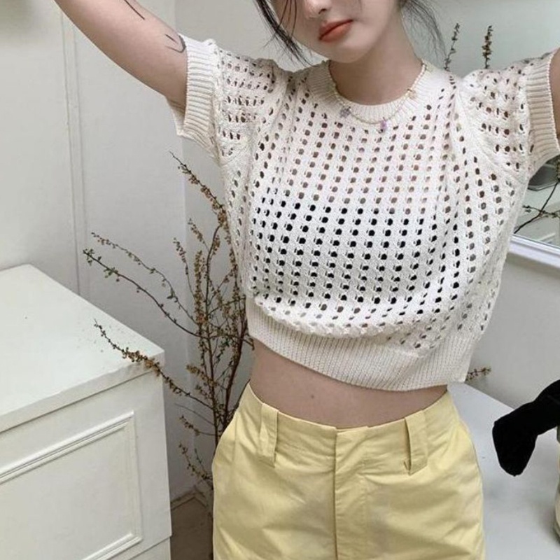 Áo Croptop Đan Len Tay Ngắn Cổ Tròn Màu Sắc Đơn Giản Thời Trang Mùa Hè Cho Nữ