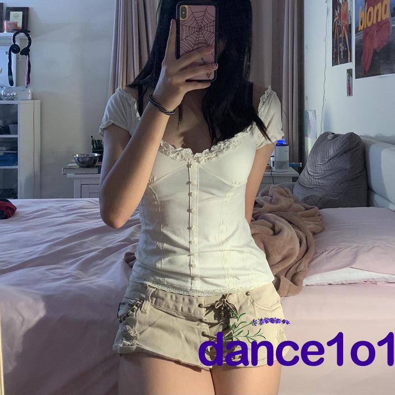 Áo kiểu tay ngắn phối ren phong cách vintage Y2K cho nữ