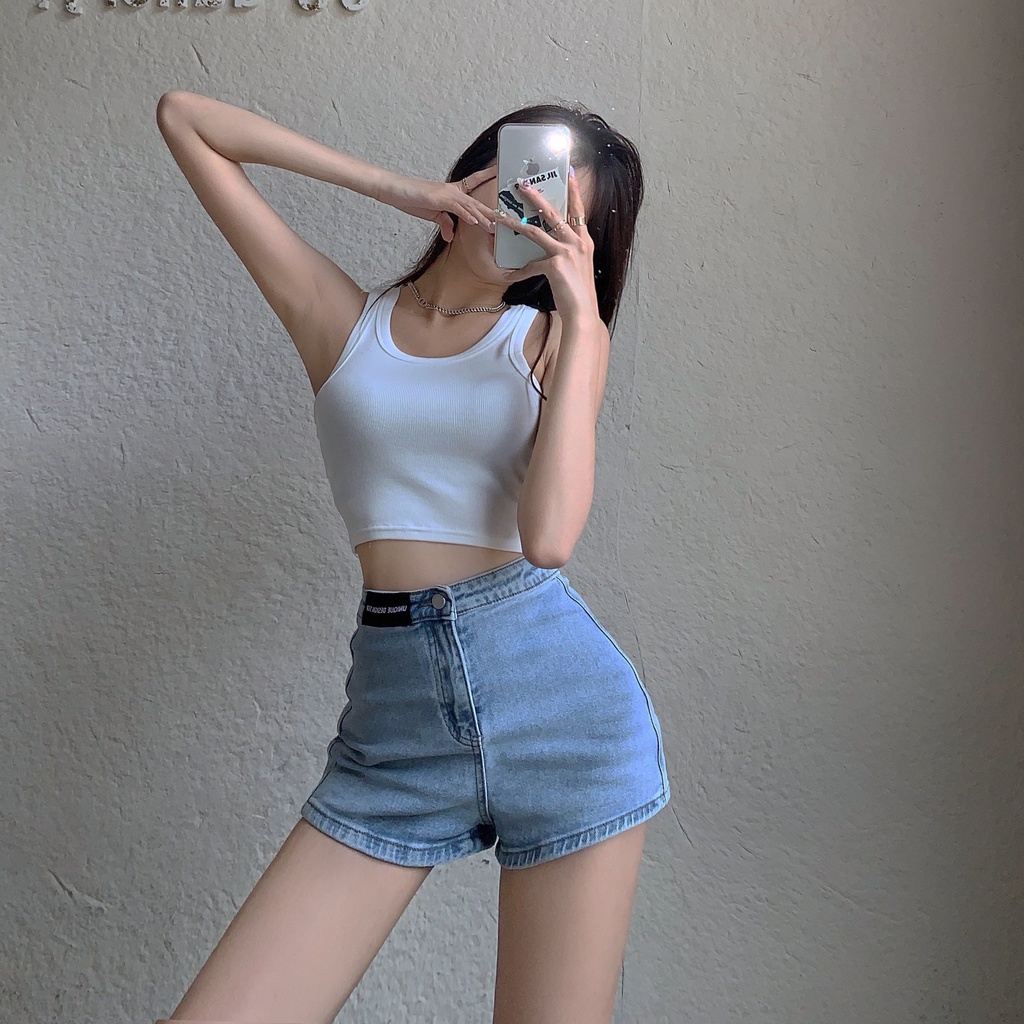 DUNEA Quần Short Denim Lưng Cao In Chữ Cá Tính Dành Cho Nữ