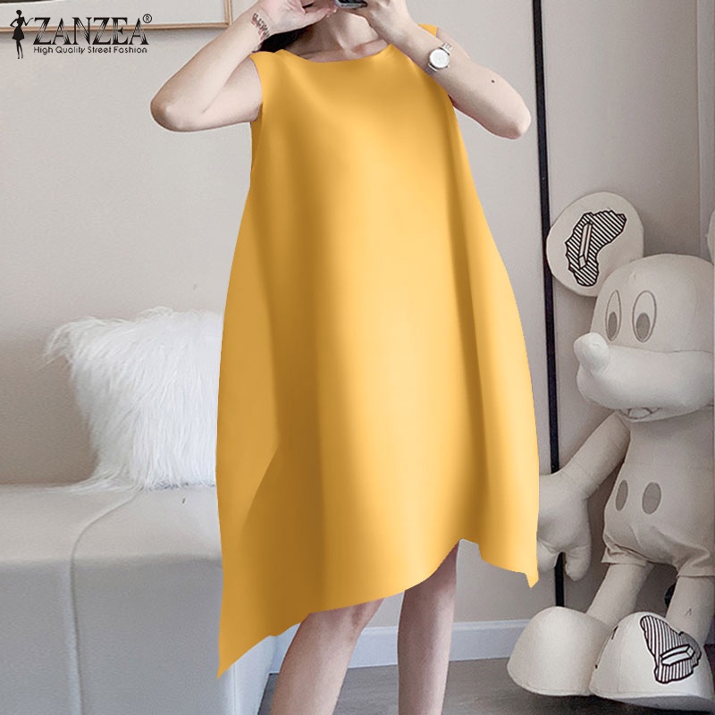 Zanzea Đầm Midi Không Tay Cổ Tròn Màu Trơn Phong Cách Hàn Quốc Thanh Lịch Dành Cho Nữ