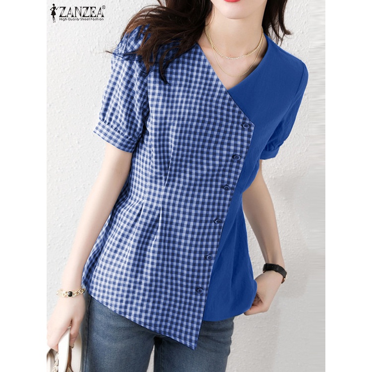 Zanzea Áo Sơ Mi Tay Ngắn Cổ Chữ V Họa Tiết Kẻ Ô Thanh Lịch Dành Cho Nữ
