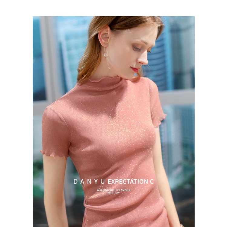 Áo Thun Tay Ngắn Cổ Lọ Phối Lưới Màu Hồng Thời Trang Cho Nữ