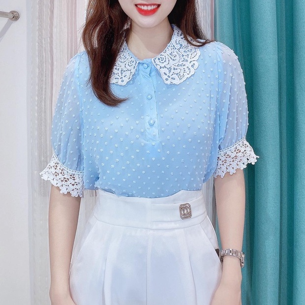 Áo sơ mi bông tuyết cổ ren cánh sen tay ngắn CHUU A6919