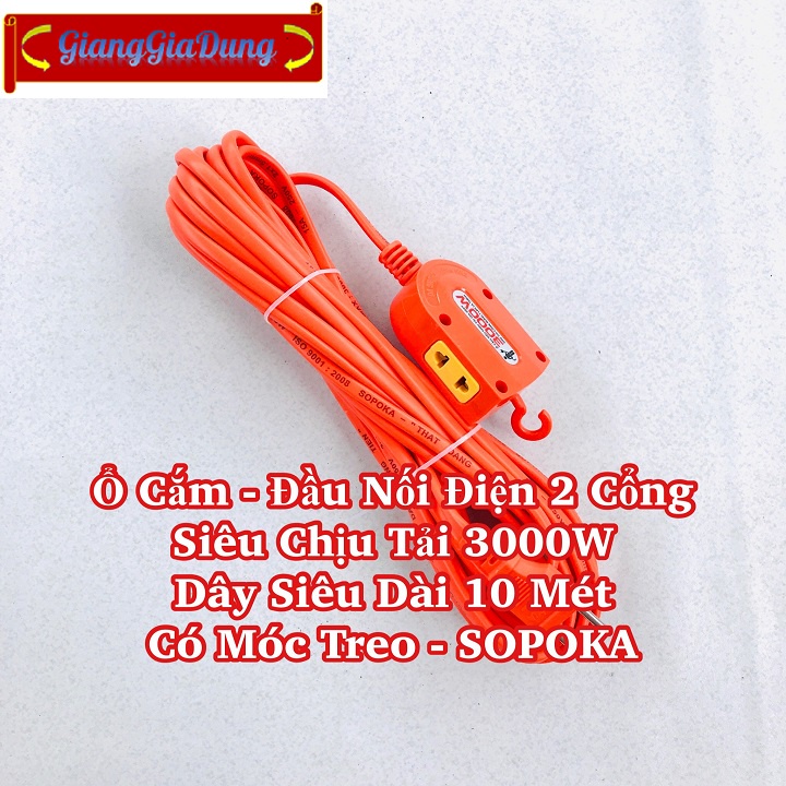 Ổ Cắm Điện - Đầu Nối Điện 2 Cổng Siêu Dài 10 Mét SOPOKA S10-3000W Siêu Chịu Tải Có Móc Treo Tiện Lợi