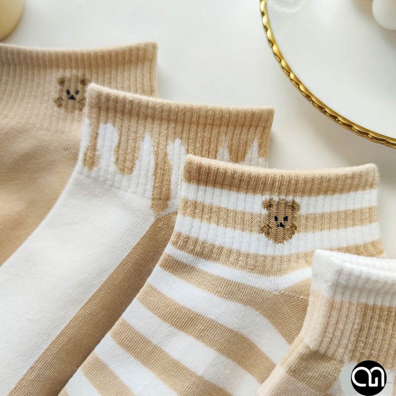 Tất Vớ Cổ Ngắn Nữ Hoạ Tiết Sọc Tone Nâu Dễ Thương Thời Trang Unisex Hàn Quốc