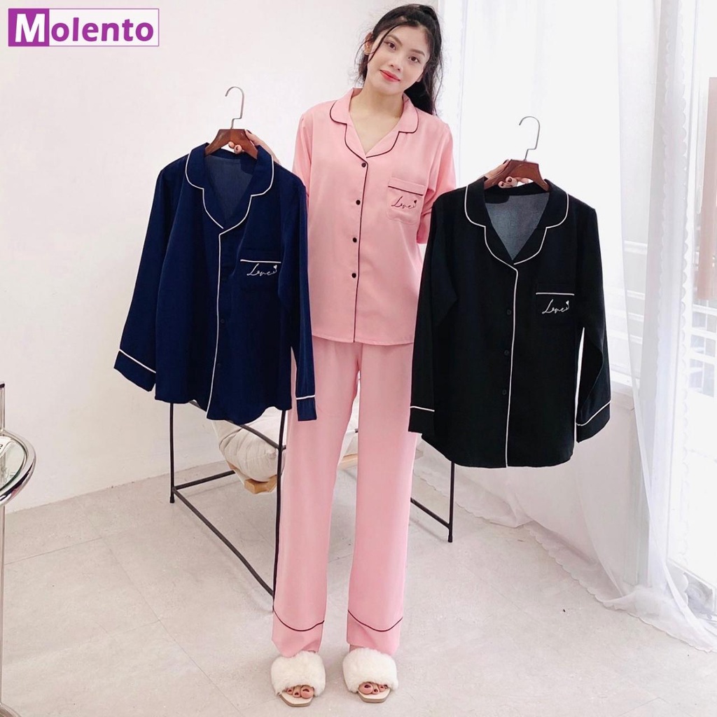 Bộ Pijama Nữ Dài Tay Lụa Mango Cao Cấp MOLENTO Đồ Ngủ Lụa Trơn Mềm Min, Không Nhăn Thêu Love Túi Áo - M56