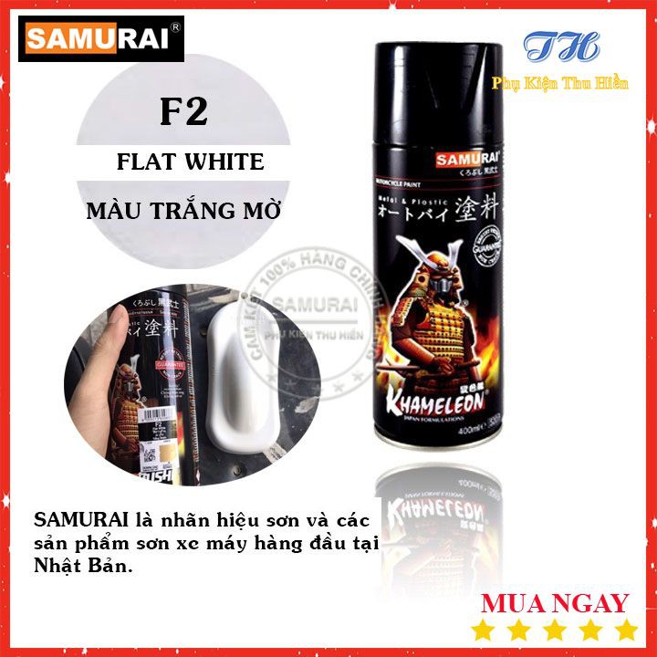 Sơn Xịt Samurai chuyên dùng cho xe máy màu màu trắng mở F2 chống cháy, chống rạn nứt, vòi xịt chống chảy