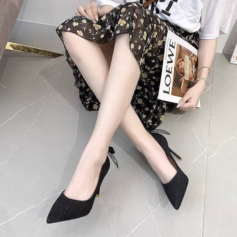 Giày Cao Gót Mũi Nhọn Đính Nơ Kiểu Pháp Dễ Thương Cho Nữ