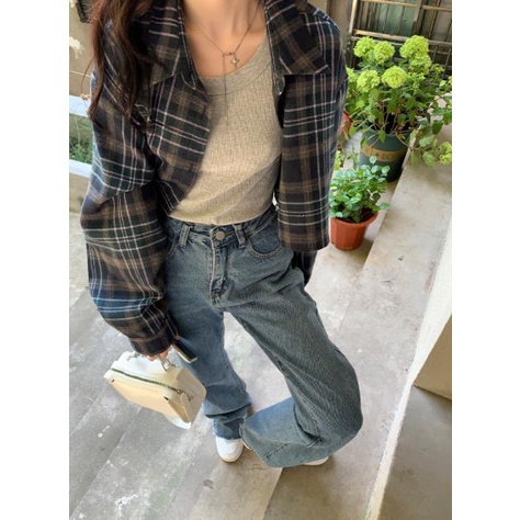 Áo Sơ Mi Tay Dài Dáng Rộng Họa Tiết Caro Phong Cách Hàn Quốc Mới