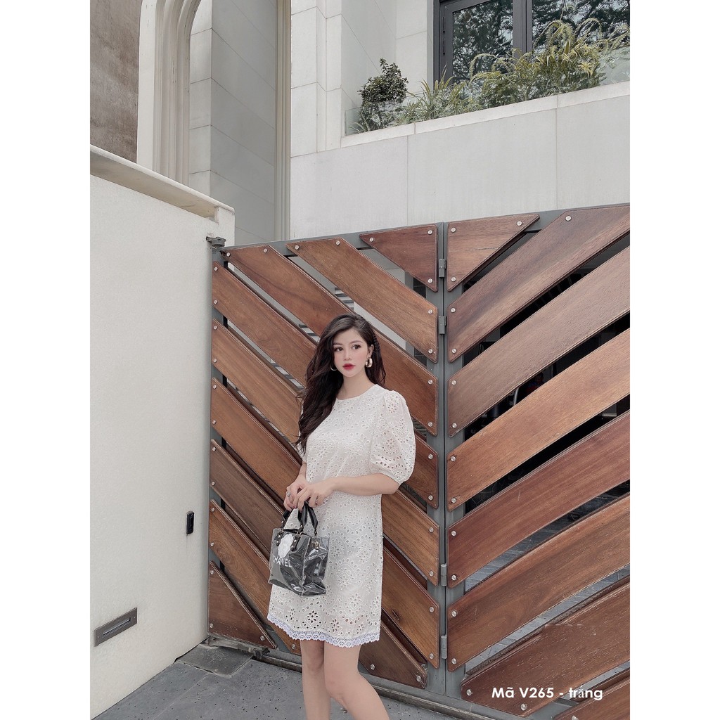 Váy suông phối ren, cổ tròn, tay phồng bo chun, đầm xuông freesize 3 màu vàng, trắng, be mã V265 - Michi's House | BigBuy360 - bigbuy360.vn