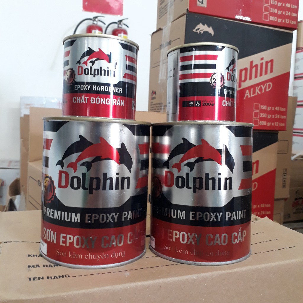 Sơn sắt mạ kẽm 2 thành phần Dolphin Epoxy (Bộ 1kg) - Tặng kèm cọ và phễu lọc sơn