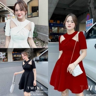Đầm dự tiệc xoắn ngực vai cườm bigsize