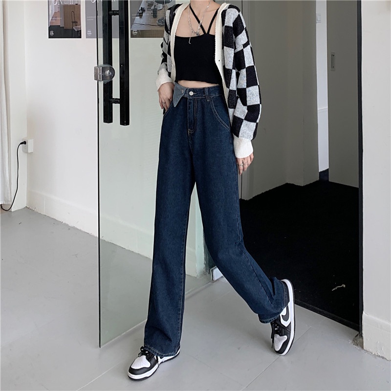 Quần jeans ống rộng lưng cao phối cạp tam giác màu xanh dương đậm thời trang cho nữ hàng loại 1