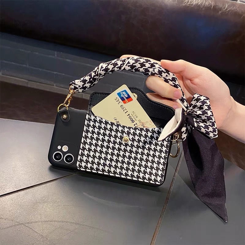 Ốp Điện Thoại Dạng Túi Xách Họa Tiết Houndstooth Có Dây Đeo Cho iPhone 13Promax 12 x