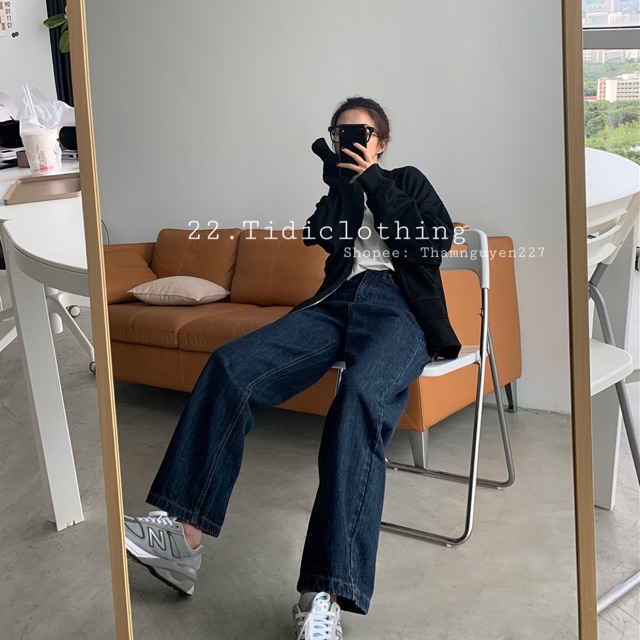 Quần jeans ulzzang ống rộng xanh đậm form dài suông có bigsize / quần ulzzang bò ống đứng retro có big size
