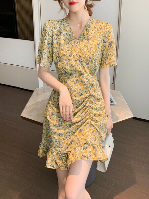 Đầm Vàng Hoa Nhí Nhún Thun Đùi_ Đầm Dự Tiệc Siêu Xinh | BigBuy360 - bigbuy360.vn