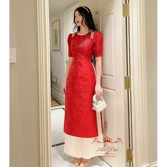 Áo dài cách tân tay bồng thiết kế đính kết cổ ngọc hoa văn mĩ miều