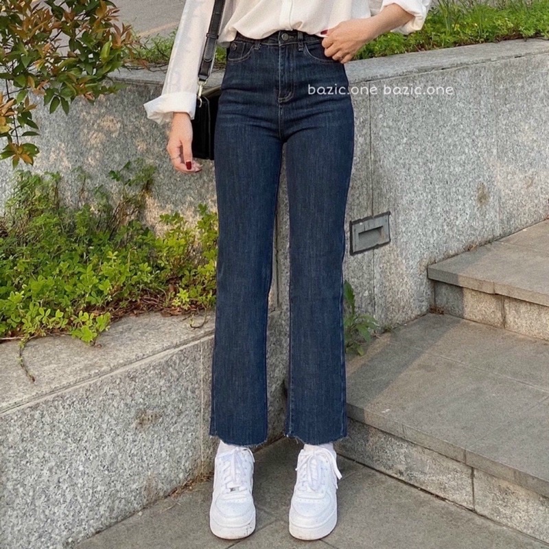 Quần jeans trơn ống đứng lưng cao dãn xịn