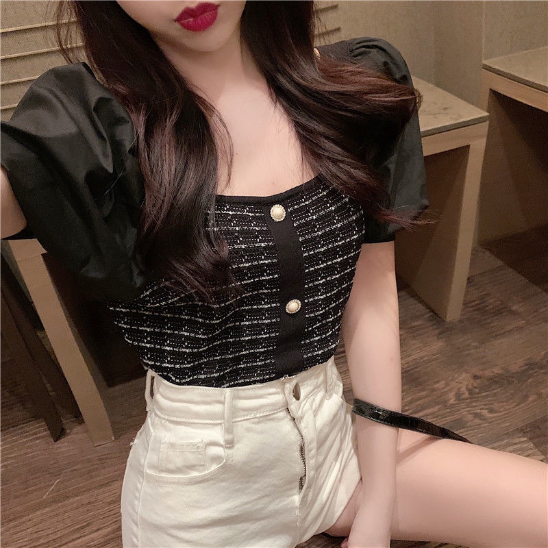 Áo Kiểu Tay Ngắn Phồng Phong Cách Hàn Quốc 175286 Áo Dệt Kim Tay Ngắn Cổ Vuông Phong Cách Phương Tây Dễ Phối Đồ Thời Trang