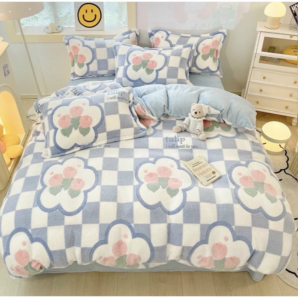 Bộ chăn ga gối Nỉ Nhung Sữa 3D Hoạt hinh mềm mịn, siêu ấm.